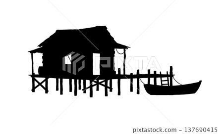 Silhouettes of houses on the water and small boats 137690415