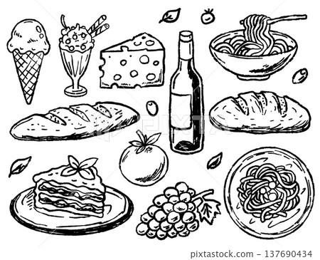 Food doodle set, hand drawn bakery and wine collection, kitchen whimsical brushstroke kit. Bread cheese lasagna vintage art, restaurant menu elements. Grocery harvest, organic food doodle bundle 137690434