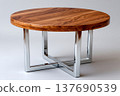 Round coffee table with natural wood and chrome base 137690539