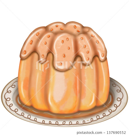 Creamy fluted Orange pudding dessert with fresh orange slice garnish and Red Cherry on Top on a plate and glass In cartoon illustration style. 137690552