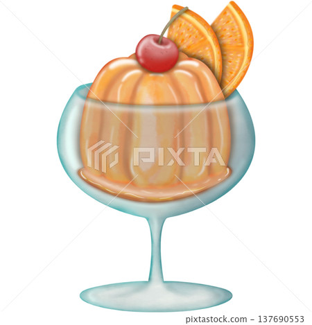 Creamy fluted Orange pudding dessert with fresh orange slice garnish and Red Cherry on Top on a plate and glass In cartoon illustration style. 137690553