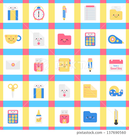 Cute Back to School Office Supplies Seamless Pattern on Grid 137690560