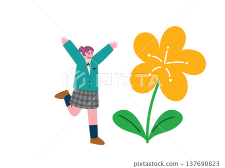 一幅高中女生讓花朵綻放的插圖。 一幅高中女生讓花朵綻放的插圖。 137690823
