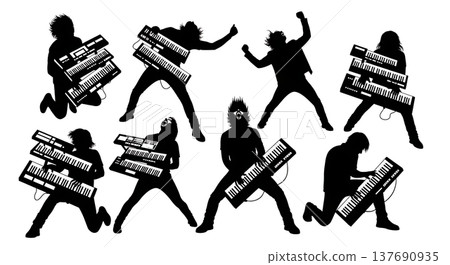 Black Solid Bagpipe Player Silhouettes Set of Six on White Background 137690935