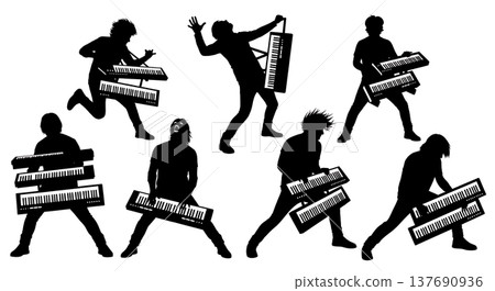 Black Solid Bagpipe Player Silhouettes Set of Six on White Background 137690936
