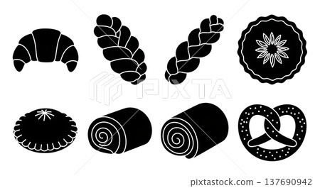 Black Solid Baked Pastries Silhouettes Set of Six on White Background 137690942
