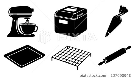 Black Solid Bakery Equipment Silhouettes Set of Six on White Background Black Solid Bakery Equipment Silhouettes Set of Six on White Background 137690948