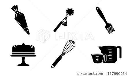 Black Solid Kitchen Baking Accessories Silhouettes Set of Six on White Background Black Solid Kitchen Baking Accessories Silhouettes Set of Six on White Background 137690954