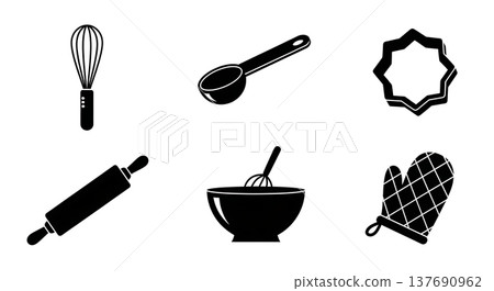 Black Solid Baking Utensils Silhouettes Set of Six on White Background 137690962