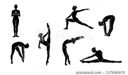 Black Solid Ballet Warmup Silhouettes Set of Six on White Background Black Solid Ballet Warmup Silhouettes Set of Six on White Background 137690970