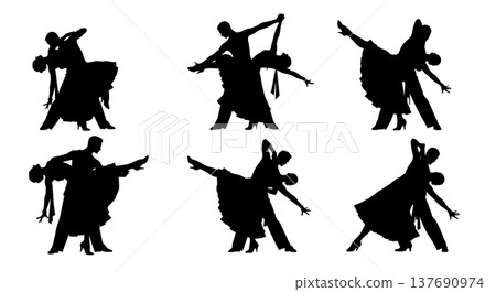 Black Solid Ballroom Dip Silhouettes Set of Six on White Background 137690974