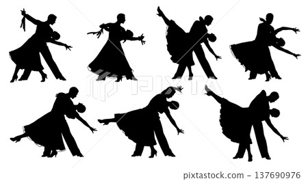 Black Solid Ballroom Dip Silhouettes Set of Six on White Background 137690976