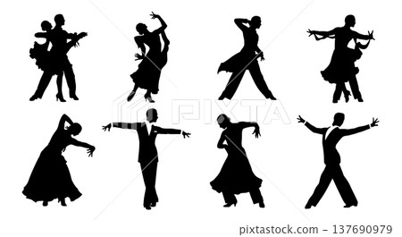 Black Solid Latin Ballroom Silhouettes Set of Six on White Background 137690979