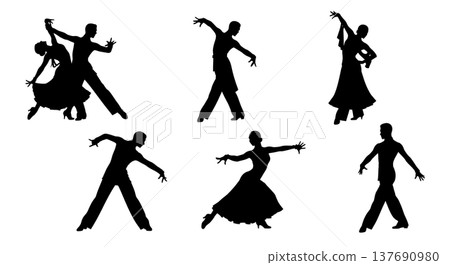Black Solid Latin Ballroom Silhouettes Set of Six on White Background Black Solid Latin Ballroom Silhouettes Set of Six on White Background 137690980
