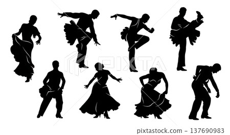 Black Solid Samba Dancer Silhouettes Set of Six on White Background Black Solid Samba Dancer Silhouettes Set of Six on White Background 137690983