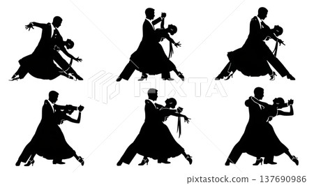 Black Solid Ballroom Dance Couple Silhouettes Set of Six on White Background 137690986