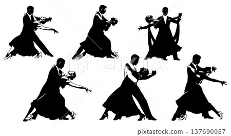 Black Solid Ballroom Dance Couple Silhouettes Set of Six on White Background 137690987