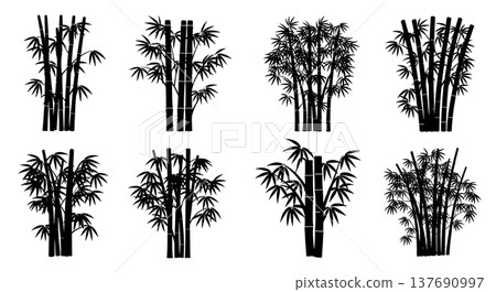 Set of Six Black Solid Bamboo Stalk and Grove Silhouettes Set of Six Black Solid Bamboo Stalk and Grove Silhouettes 137690997