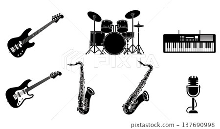 Black Solid Band Instruments Silhouettes Set of Six on White Background Black Solid Band Instruments Silhouettes Set of Six on White Background 137690998