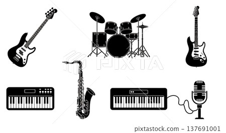 Black Solid Band Instruments Silhouettes Set of Six on White Background Black Solid Band Instruments Silhouettes Set of Six on White Background 137691001