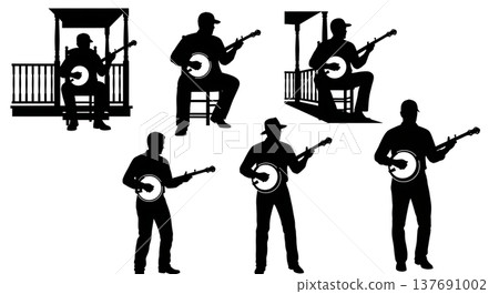 Black Solid Banjo Player Silhouettes Set of Six on White Background Black Solid Banjo Player Silhouettes Set of Six on White Background 137691002