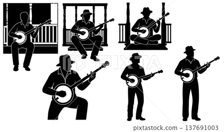 Black Solid Banjo Player Silhouettes Set of Six on White Background 137691003