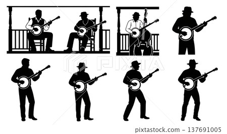 Black Solid Banjo Player Silhouettes Set of Six on White Background 137691005