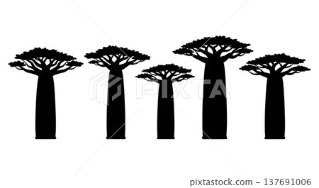 Set of Six Black Solid African Baobab Tree Silhouettes 137691006