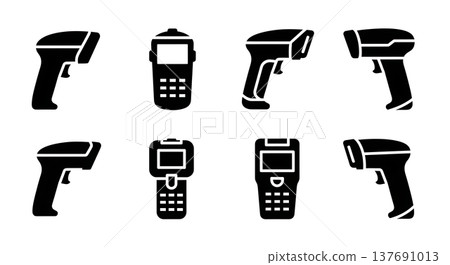 Black Solid Barcode Scanner Silhouettes Set of Six on White Background 137691013