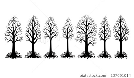 Black Solid Barren Autumn Tree Silhouettes with Fallen Leaves 137691014