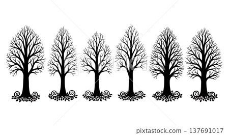 Black Solid Barren Autumn Tree Silhouettes with Fallen Leaves Black Solid Barren Autumn Tree Silhouettes with Fallen Leaves 137691017