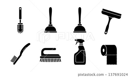 Black Solid Home Bathroom Cleaning Tools Silhouettes Set of Six on White Background 137691024