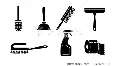 Black Solid Home Bathroom Cleaning Tools Silhouettes Set of Six on White Background Black Solid Home Bathroom Cleaning Tools Silhouettes Set of Six on White Background 137691025