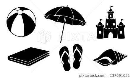 Black Solid Beach Items Silhouettes Set of Six on White Background Black Solid Beach Items Silhouettes Set of Six on White Background 137691031