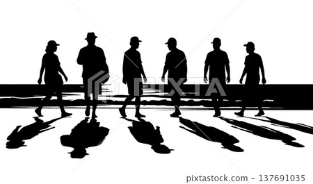Black Solid Beach Walker Silhouettes Set of Six on White Background Black Solid Beach Walker Silhouettes Set of Six on White Background 137691035
