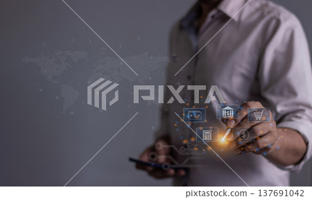 Young man with smartphone mobile hand holding a pen touching to visualize money growth The phone screen displays graphs and charts showing increasing investment and savings trends, increased 137691042