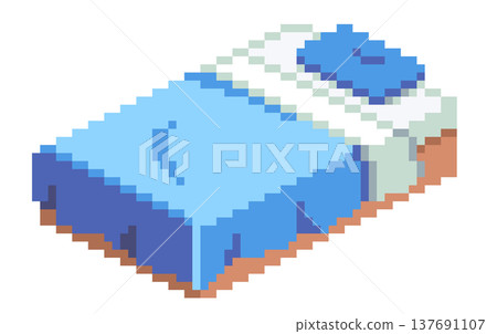 Pixel art bed, transparent background, blue Pixel art bed, transparent background, blue 137691107
