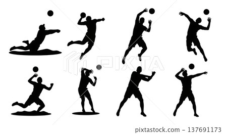 Black Solid Beach Volleyball Silhouettes Set of Six on White Background 137691173
