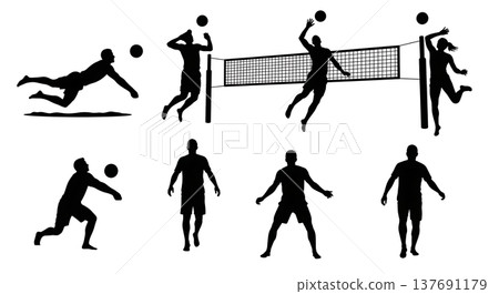 Black Solid Beach Volleyball Silhouettes Set of Six on White Background 137691179