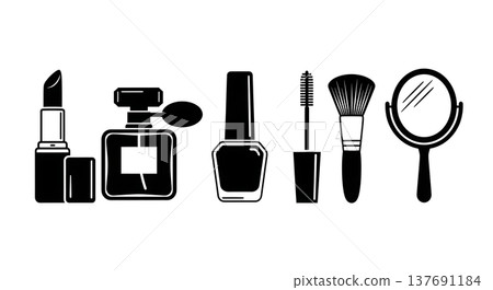 Black Solid Beauty & Cosmetic Items Silhouettes Set of Six on White Background Black Solid Beauty & Cosmetic Items Silhouettes Set of Six on White Background 137691184
