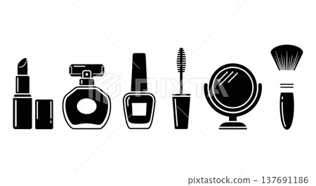Black Solid Beauty & Cosmetic Items Silhouettes Set of Six on White Background 137691186