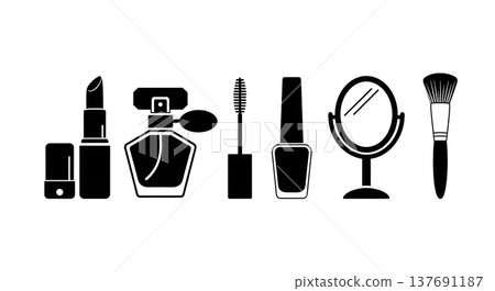 Black Solid Beauty & Cosmetic Items Silhouettes Set of Six on White Background 137691187