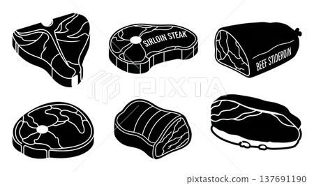 Black Solid Beef Cuts Silhouettes Set of Six on White Background 137691190