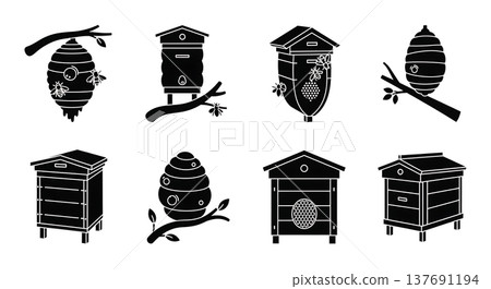 Collection of Six Black Solid Beehive and Honeycomb Silhouettes 137691194