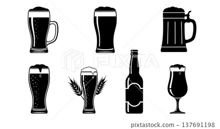 Black Solid Beer Mugs and Bottles Silhouettes Set of Six on White Background Black Solid Beer Mugs and Bottles Silhouettes Set of Six on White Background 137691198