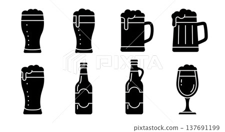 Black Solid Beer Mugs and Bottles Silhouettes Set of Six on White Background Black Solid Beer Mugs and Bottles Silhouettes Set of Six on White Background 137691199