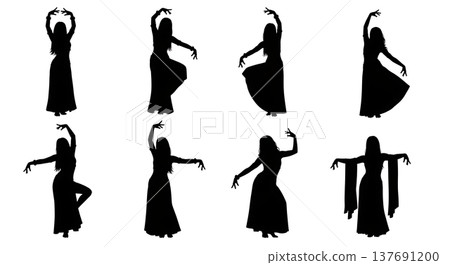 Black Solid Belly Dancer Silhouettes Set of Six on White Background 137691200