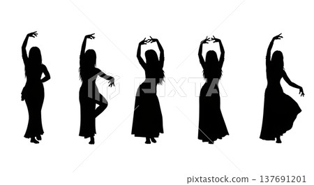 Black Solid Belly Dancer Silhouettes Set of Six on White Background Black Solid Belly Dancer Silhouettes Set of Six on White Background 137691201