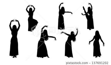 Black Solid Belly Dancer Silhouettes Set of Six on White Background Black Solid Belly Dancer Silhouettes Set of Six on White Background 137691202