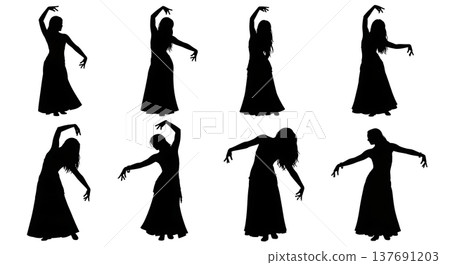 Black Solid Belly Dancer Silhouettes Set of Six on White Background 137691203